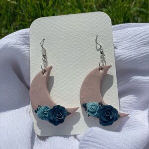 Handmade Clay Moon Earrings with Floral Design